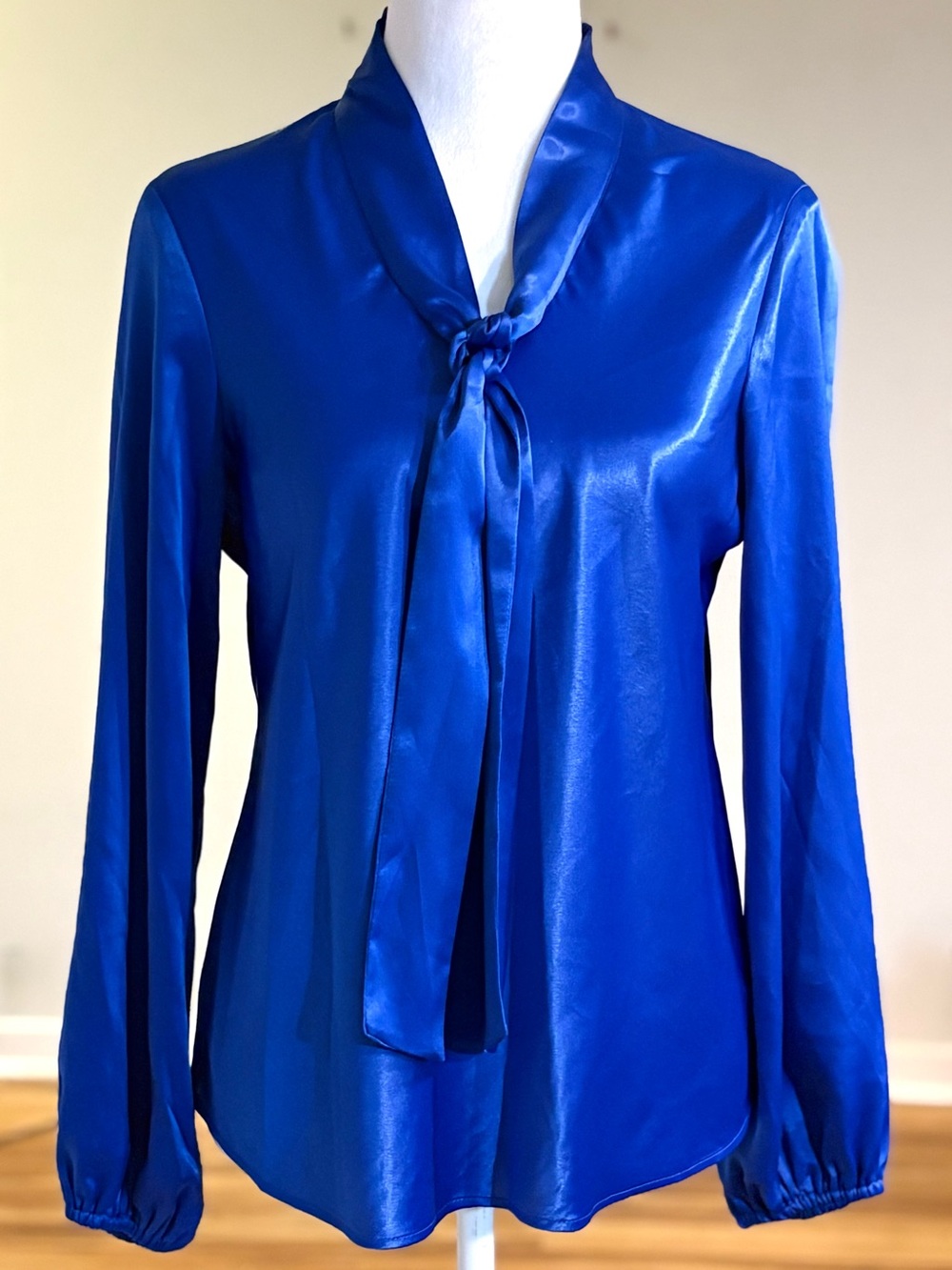 Kasper, Royal Blue Satin Tie Neck Blouse, Size Petite Small